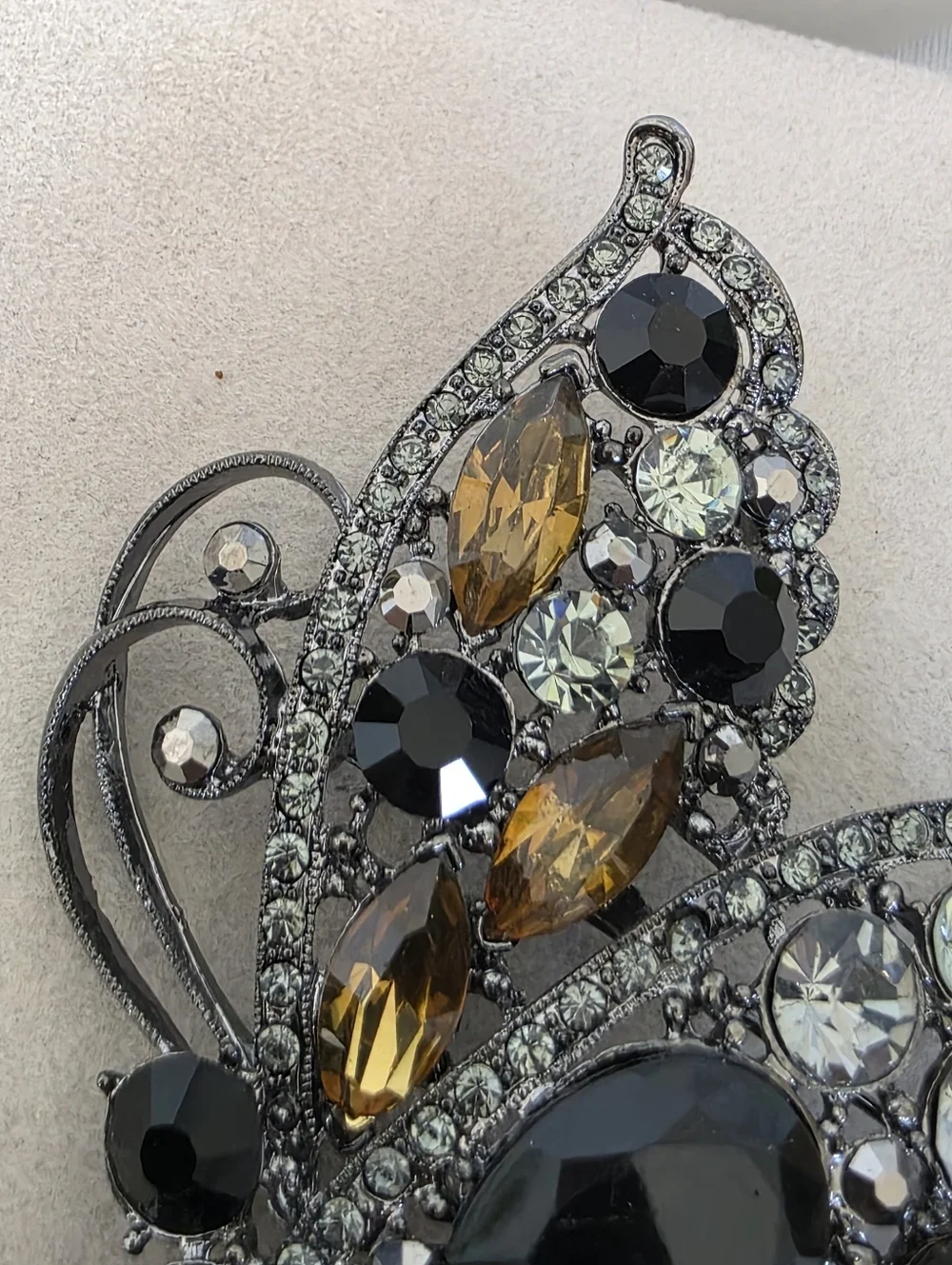 Statement Gunmetal Silver Butterfly Brooch Pin / Pendant Black & Amber Crystals